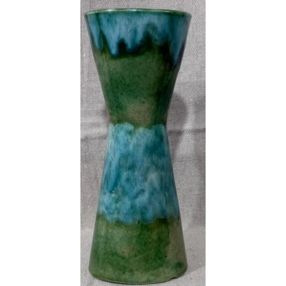 Vintage Yona Ceramic Hourglass Vase Green Turquoise Drip Glaze MCM Pottery 6.5